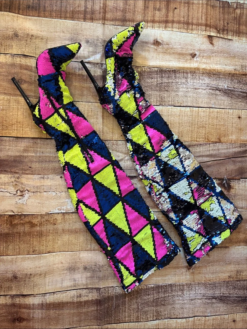 Over-The-Knee Sequin Geometric Stiletto Boots in Neon Multi / Color Changing